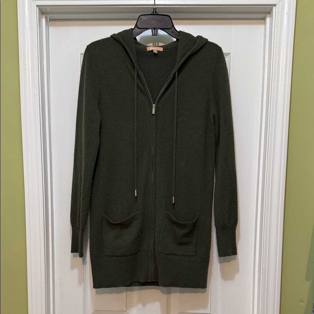 Kier + J Hooded Cashmere Cardigan Sweater Olive Green Zip Front Long Size L